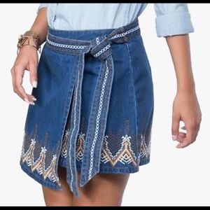 NWT free people denim boho embroidered skirt XS 0